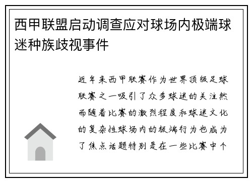 西甲联盟启动调查应对球场内极端球迷种族歧视事件