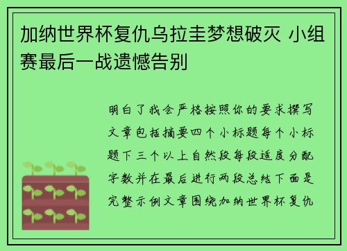 加纳世界杯复仇乌拉圭梦想破灭 小组赛最后一战遗憾告别