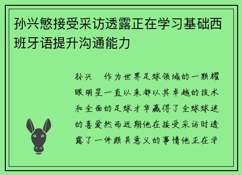 孙兴慜接受采访透露正在学习基础西班牙语提升沟通能力
